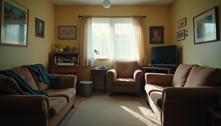 Close-up view of a cluttered living room in a small apartment showing limited space and worn furniture