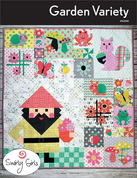 Garden Variety Quilt Pattern by Swirly Girls Design pattern cover in pinks, yellows, greens and a white background