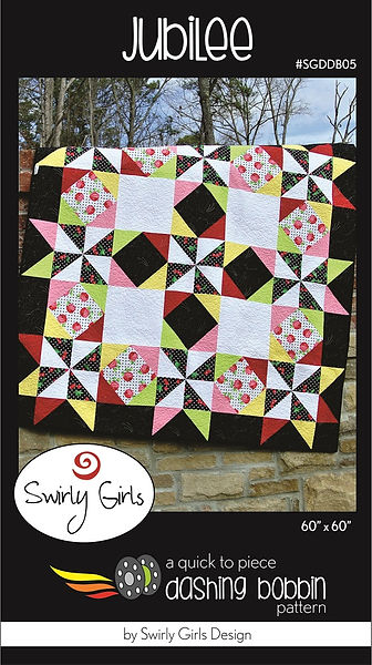 Jubilee Quilt pattern by Swirly Girls Design pattern cover image in pink, yellow, red, white and black