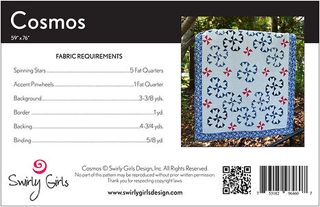 Cosmos quilt pattern by Swirly Girls Design back pattern cover image with fabric requirements.