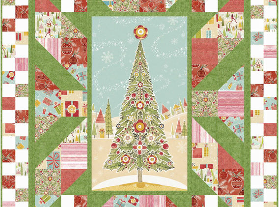 Panel Blast quilt in Christmas tree themed fabrics. Collection is Oh Christmas Tree by Cori Dantini for Free Spirit Fabrics
