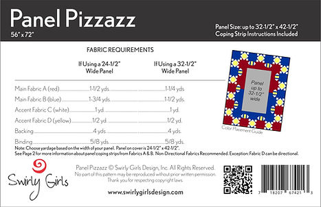 Panel Pizzazz quilt by Swirly Girls Design back cover image with fabric requirements for both a 24-1/2" panel and a 32-1/2" panel.