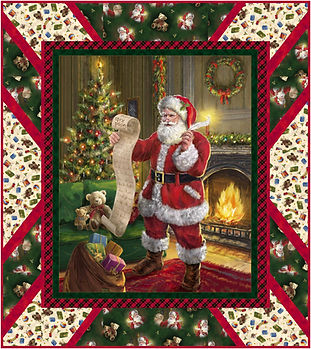 Panel Pop quilt in Checking It Twice fabric collection by QT Fabrics. Cute Santa panel showing him checking the good kids list. Bordered by traditional Christmas prints.