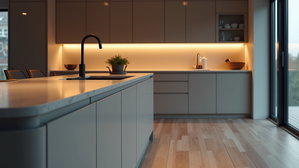 Eye-level view of a modern kitchen island with sleek cabinetry and under-cabinet lighting