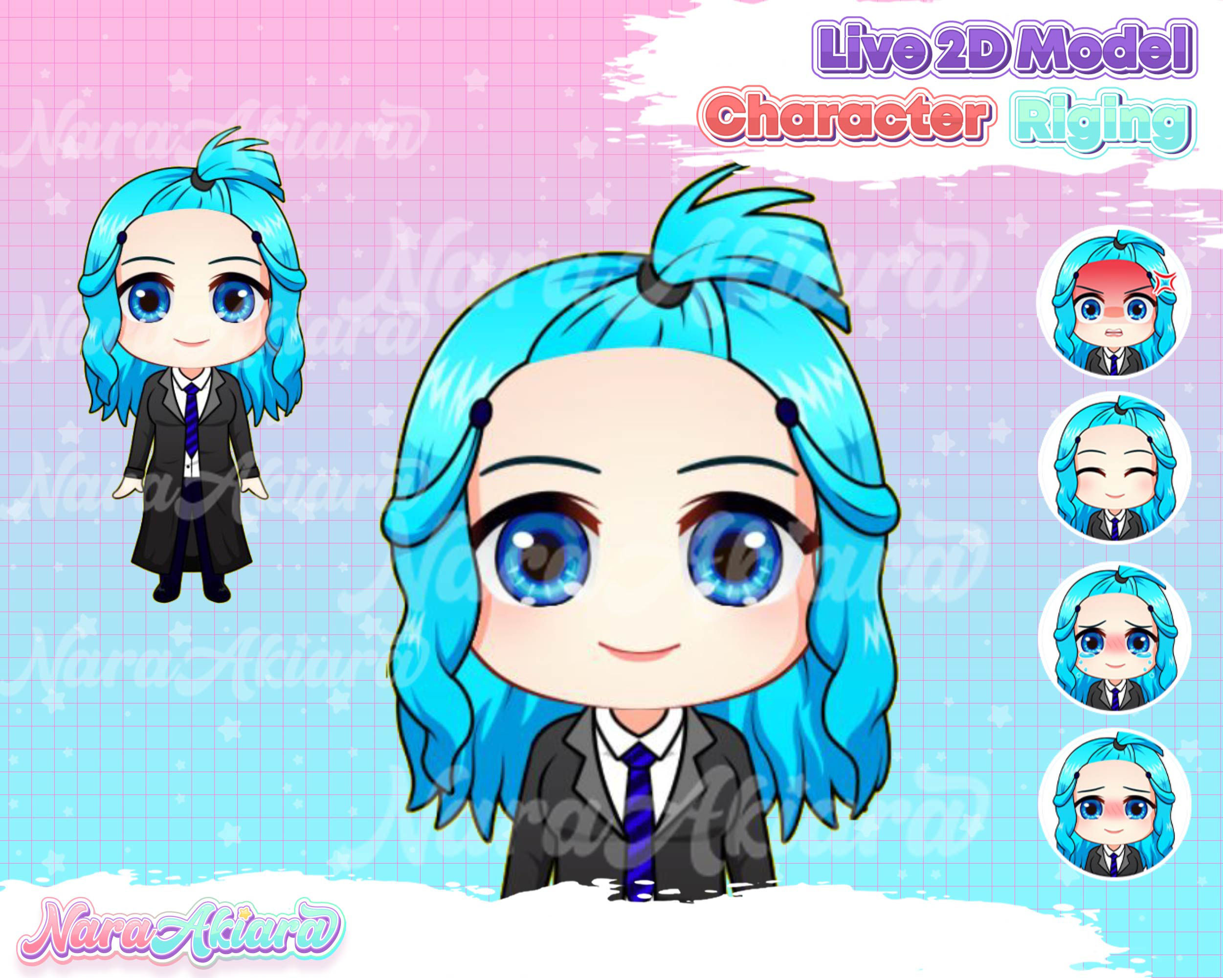 Adorable Vtuber Live2d Chibi Blue Hair Girl Rocking a Stylish Suit