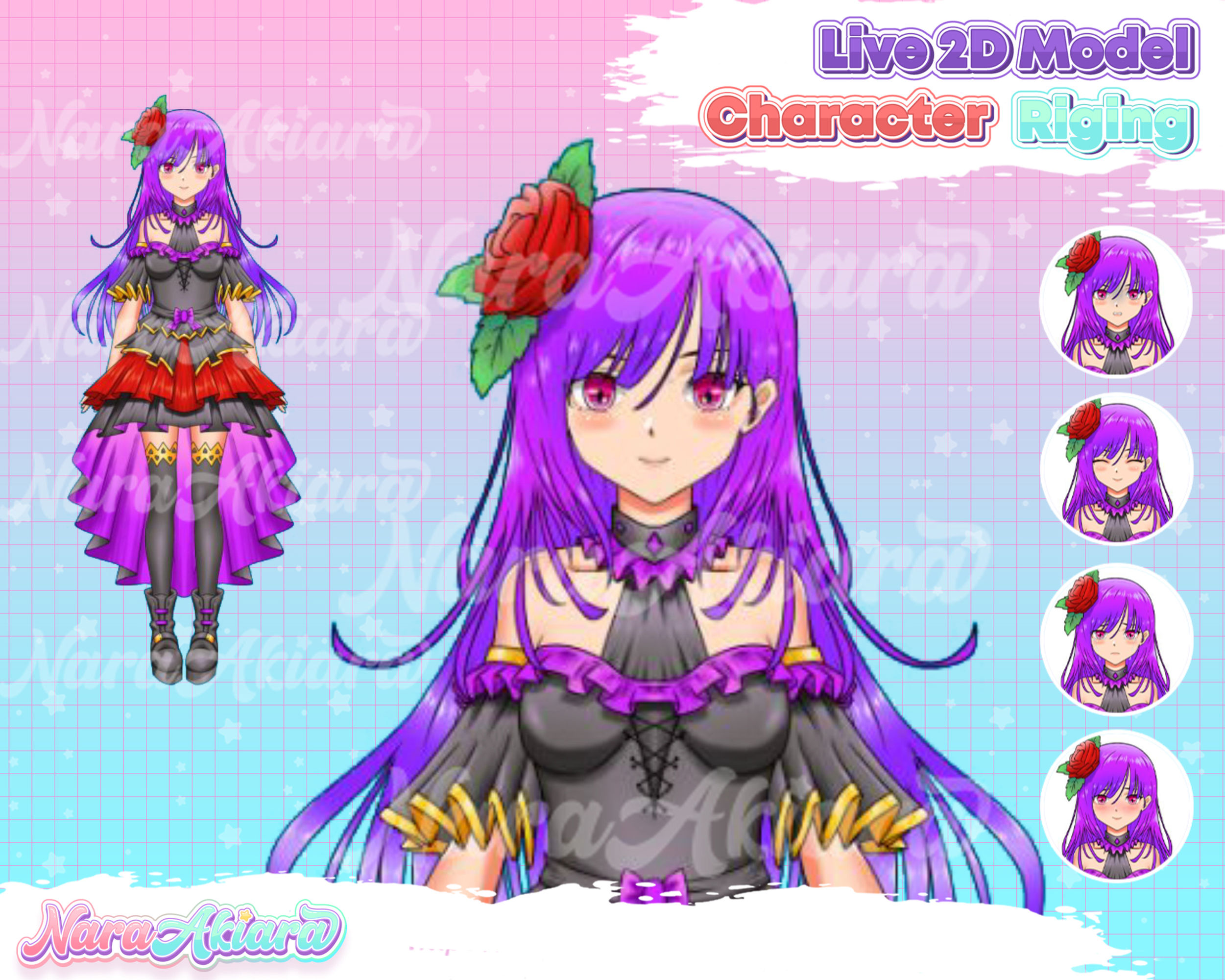 Elevate Vtuber Experience with Purple Hair Girl Live2D Model Adorned with a Rose