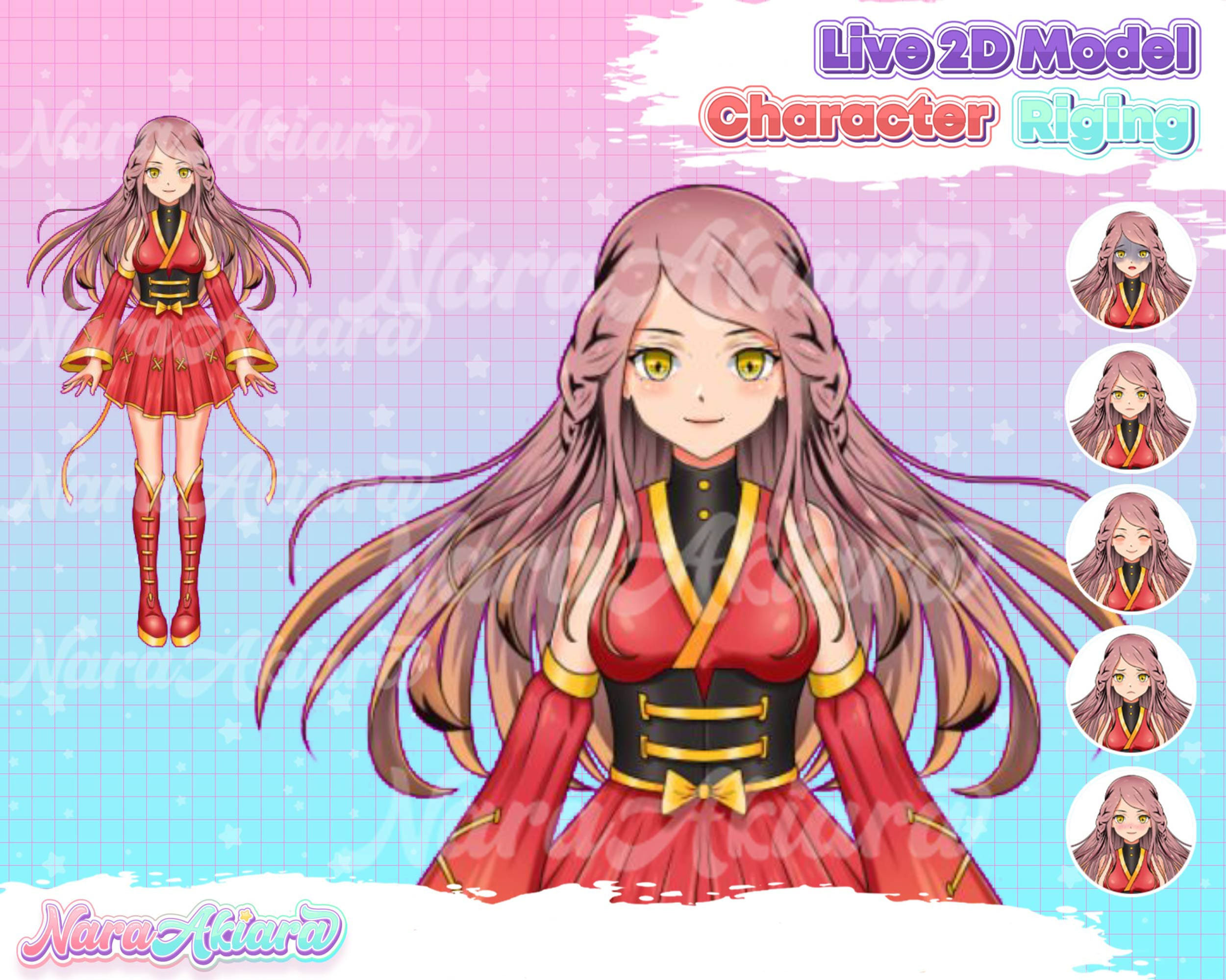 Vtuber Live2d Model Anime Red and Gold Dress Girl Shines on the Screen