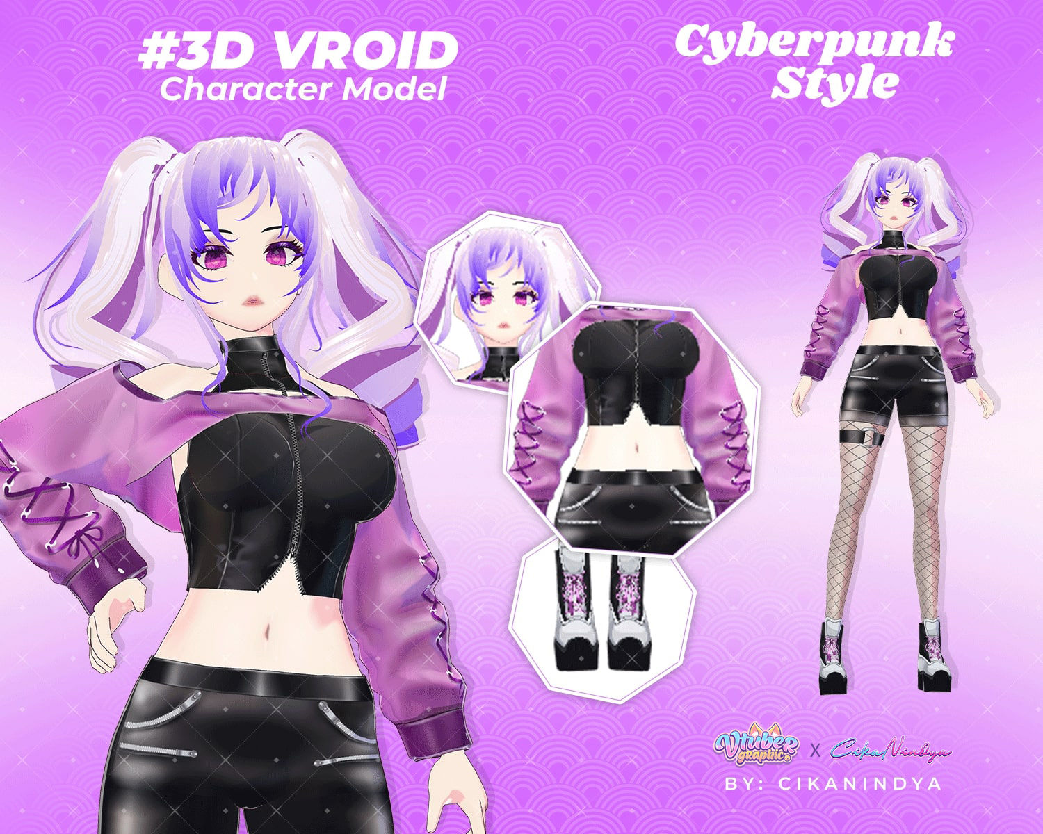Futuristic Anime Girl Avatar 3D Vroid Model Lyly Cyberpunk Black Purple