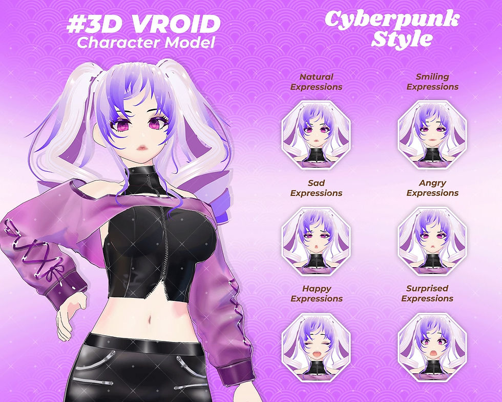 Thumbnail: Futuristic Anime Girl Avatar 3D Vroid Model Lyly Cyberpunk Black Purple