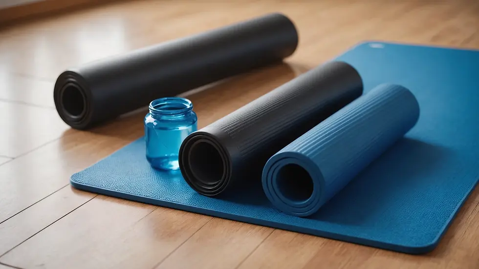 Close-up view of a fitness mat and water bottle set for morning exercises