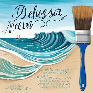 blue hand written 'Delusea news' waves and a paint brush upcycling and in beachy tones co