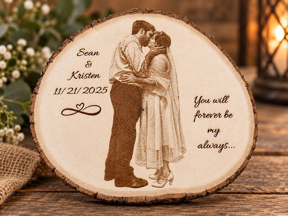 Thumbnail: Custom engraved wedding couple portrait on natural wood