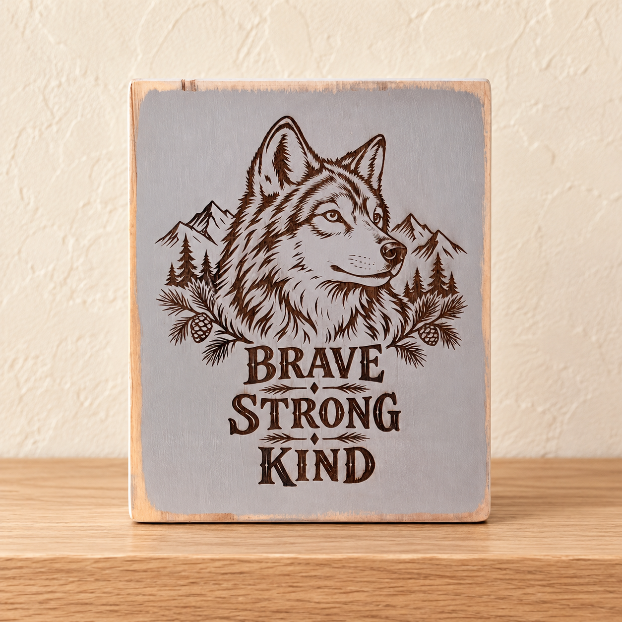 Brave, Strong, Kind — Wolf Wood Plaque