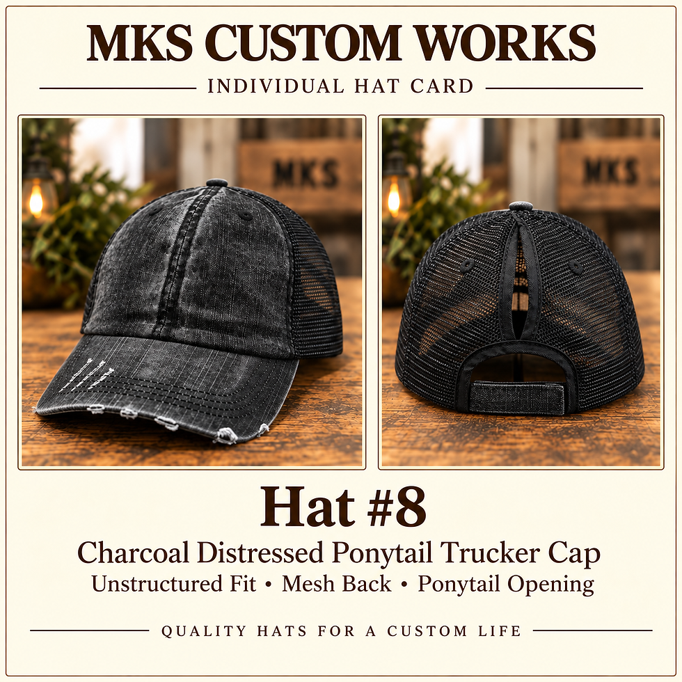Thumbnail: MKS Hat #8 – Charcoal Distressed Ponytail Trucker Cap