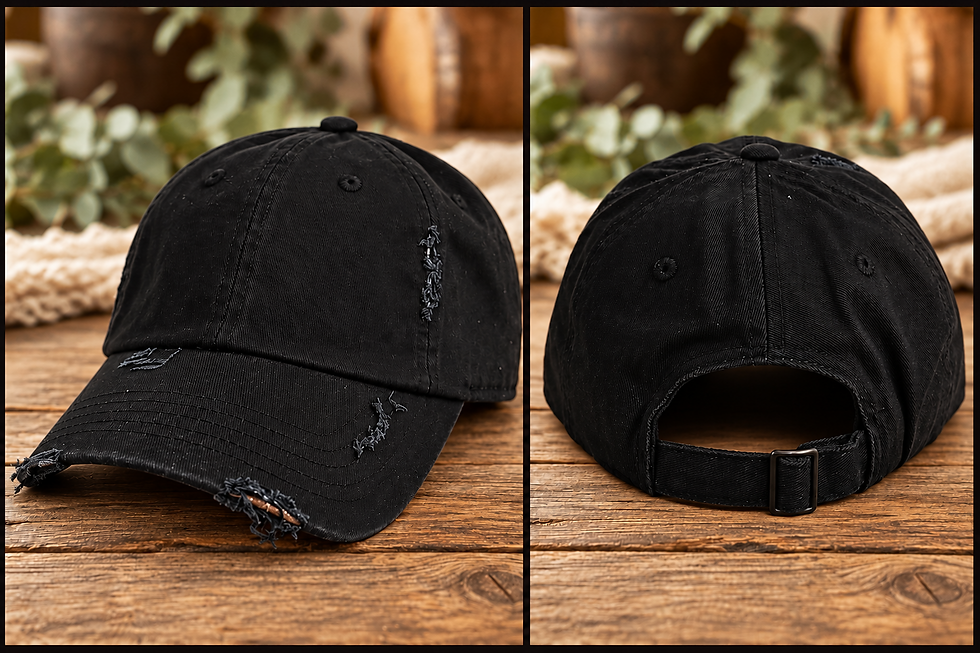 Thumbnail: Black Distressed Unstructured Dad Cap — two views