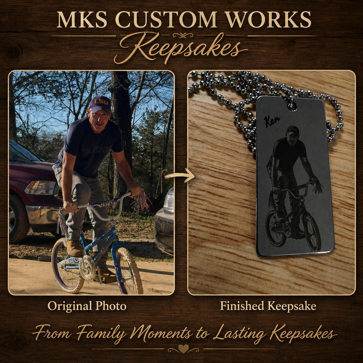 Custom photo transformed into an engraved stainless steel keepsake tag