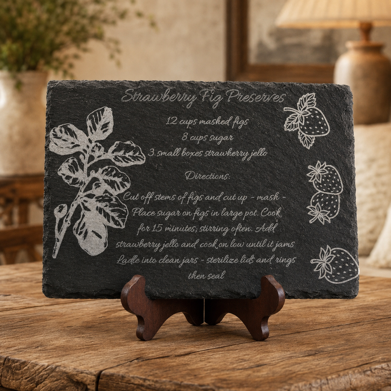 Custom handwritten recipe engraved on slate - Strawberry Fig Preserves example
