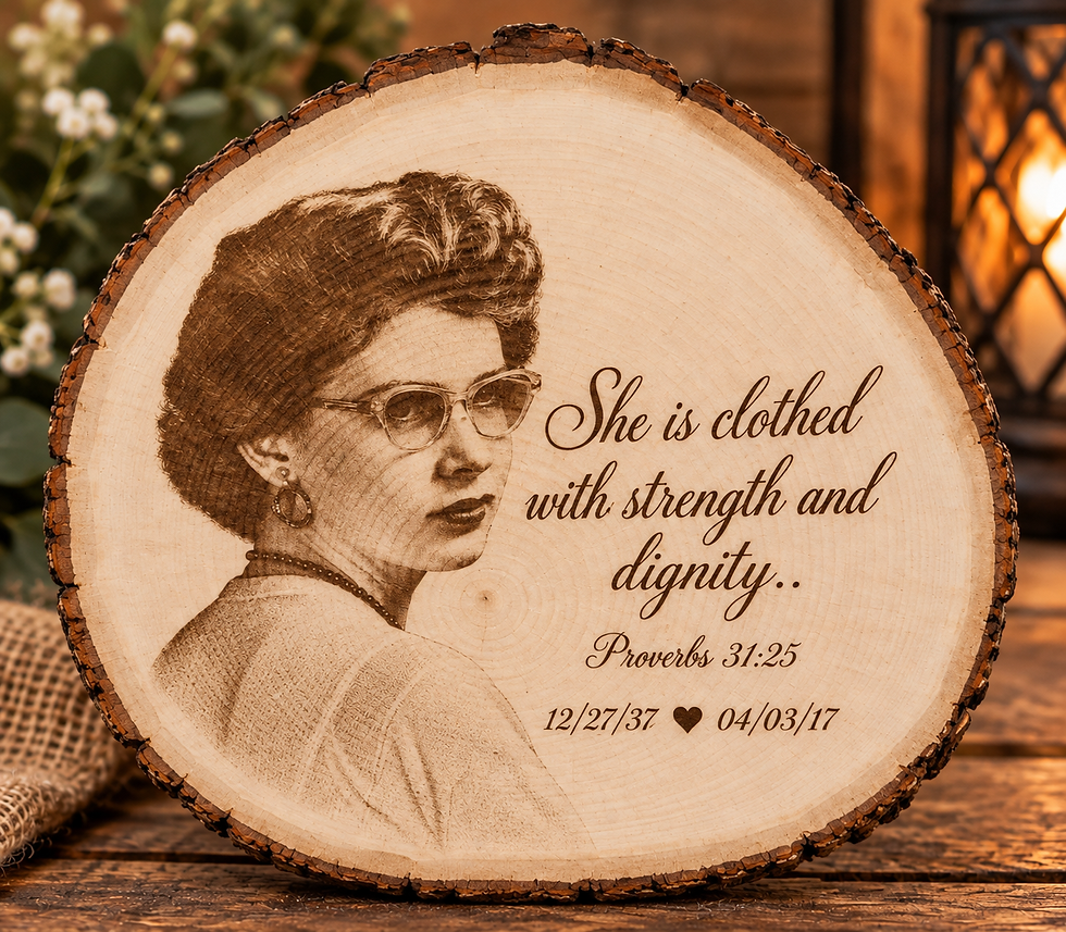 Custom memorial portrait engraving on natural wood