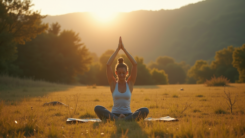 Wide angle view of a person practicing yoga in a natural setting