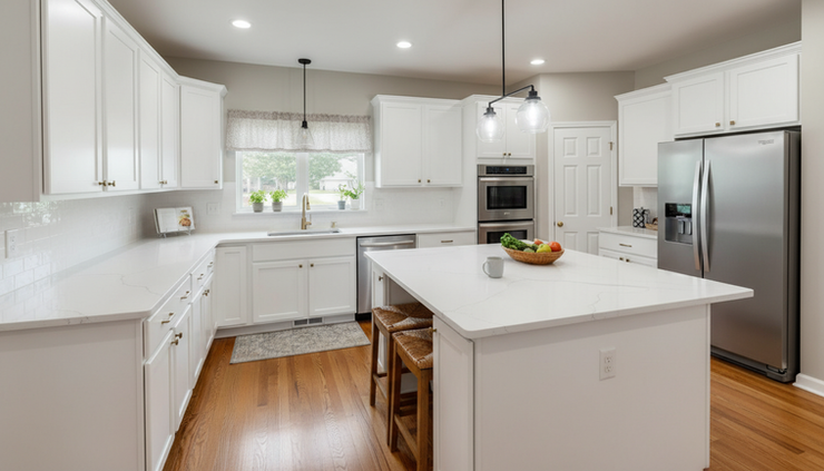 Wide-angle view of a bright remodeled kitchen in a Central Ohio home.
