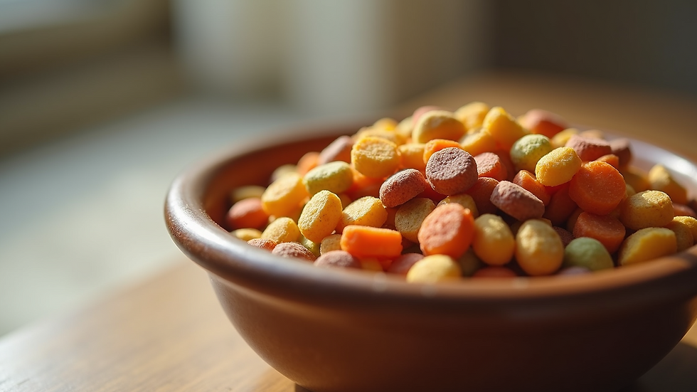 Close-up view of a bowl filled with colorful, nutritious pet food kibble