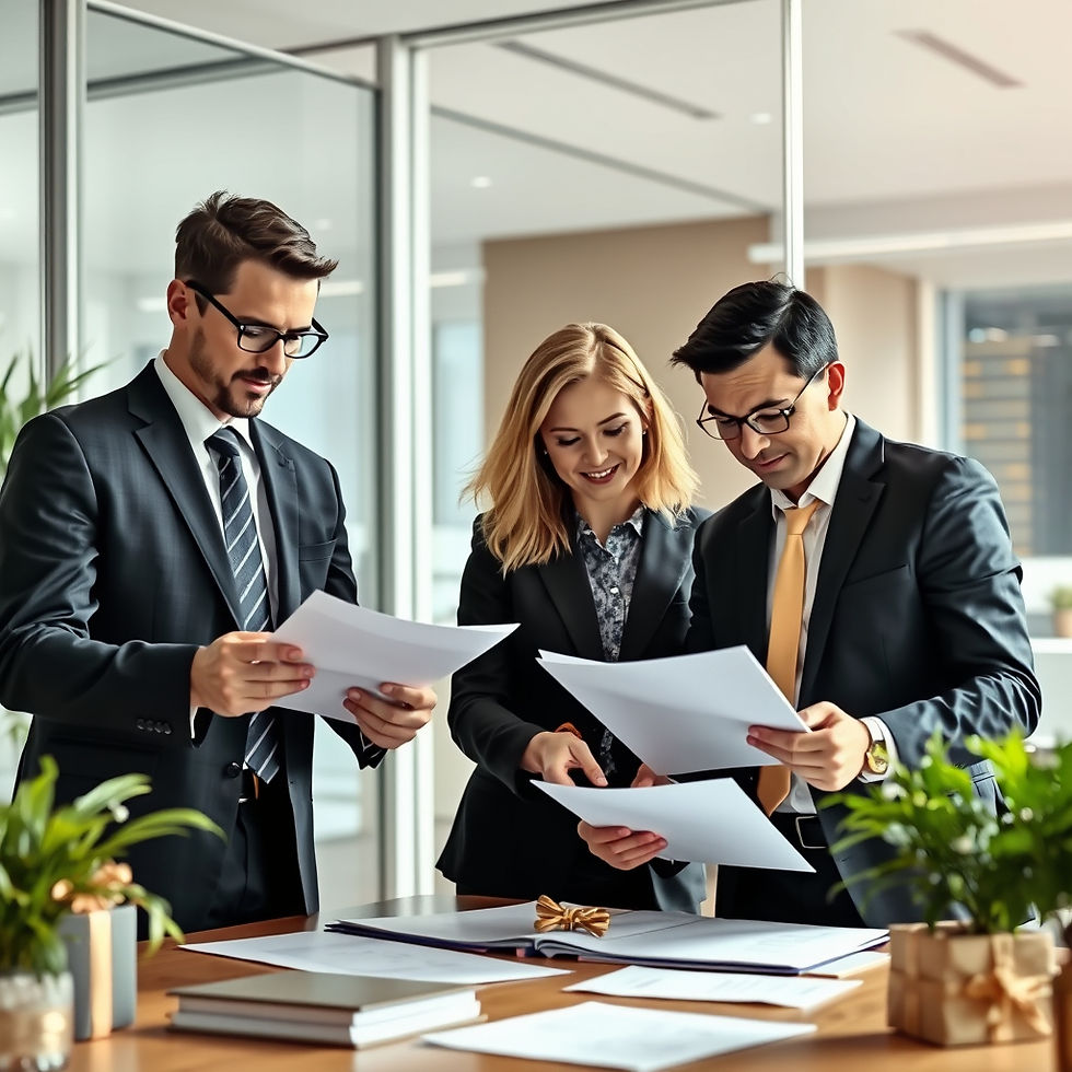 Banking executives collaboratively reviewing documents in a sleek and modern GIFT City office