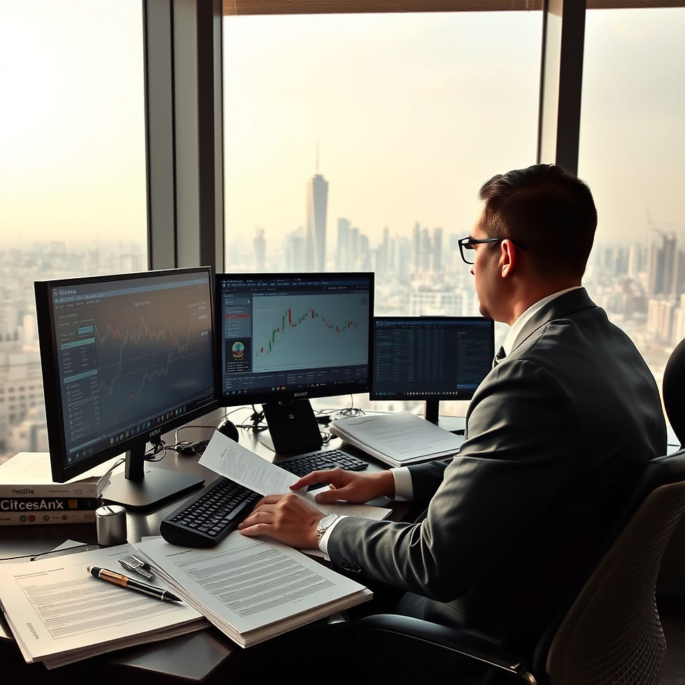 A financial analyst reviews derivatives trades on India INX, surrounded by compliance documents, with a view of GIFT City's skyline through the office window