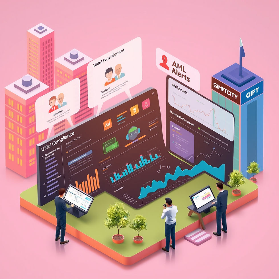 Fintech professionals analyze risk data on a digital compliance dashboard, highlighting KYC profiles and AML alerts, set against a backdrop of GIFT City buildings