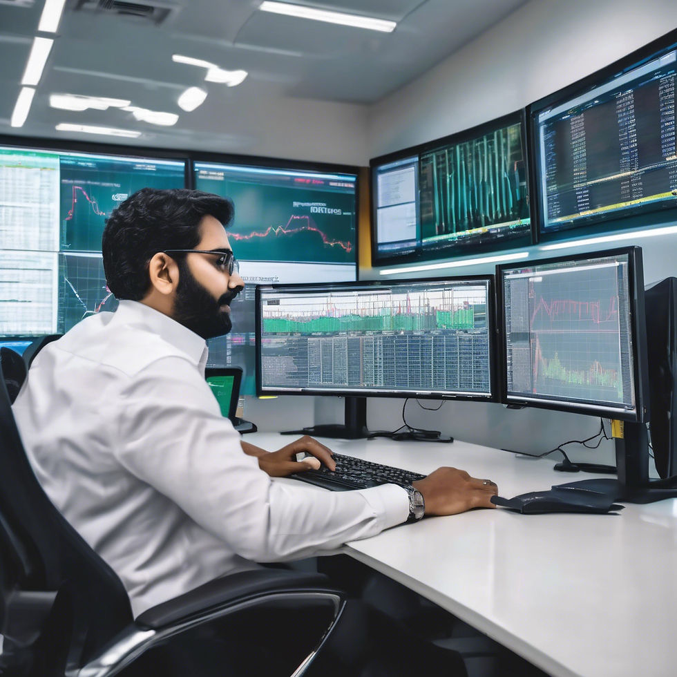New investor immerses in learning India INX derivatives at a bright, modern office in GIFT City, utilizing multiple monitors showing options and futures charts, rulebooks, and onboarding guides.