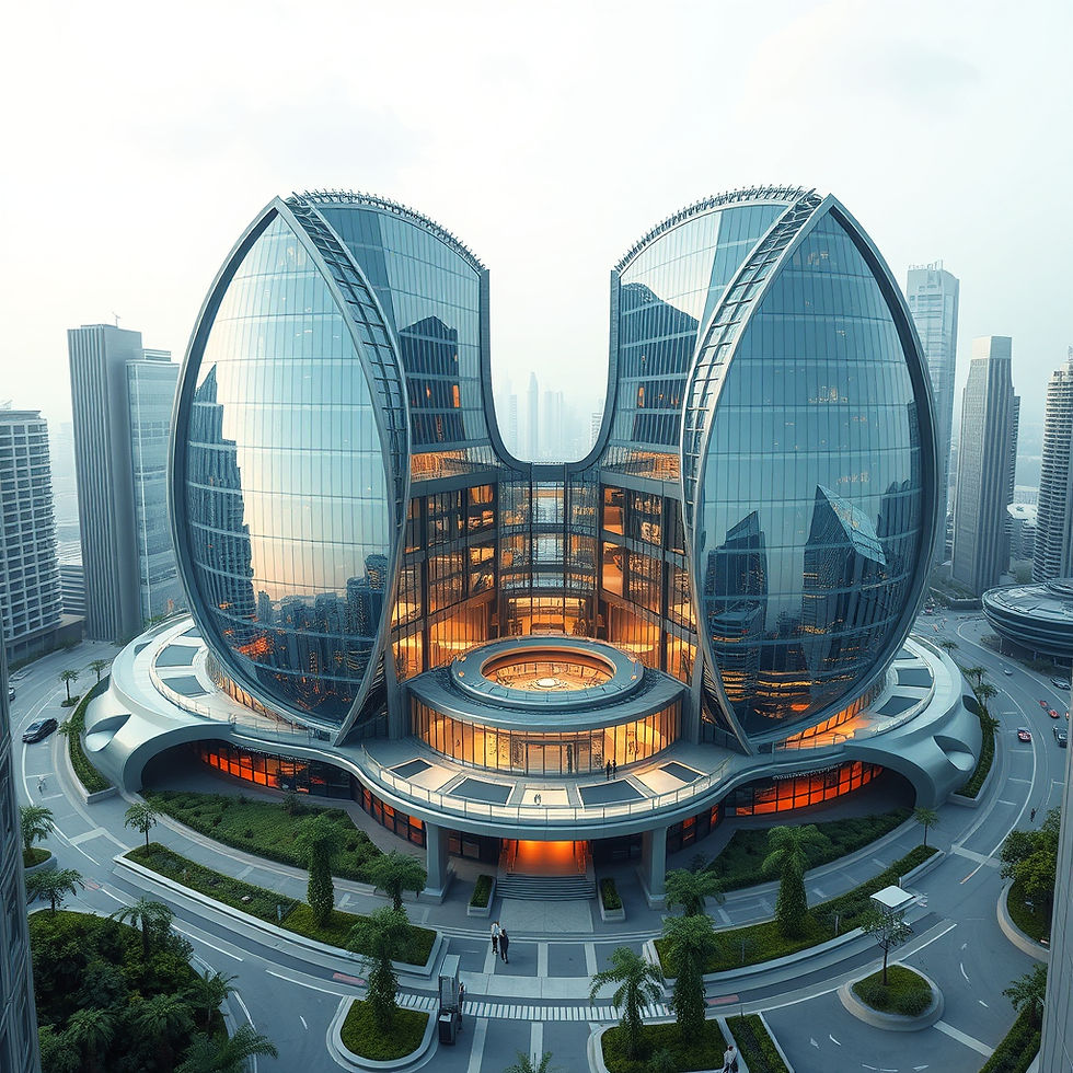 Futuristic arbitration center with sleek glass architecture, nestled in a high-tech urban environment reminiscent of GIFT City.