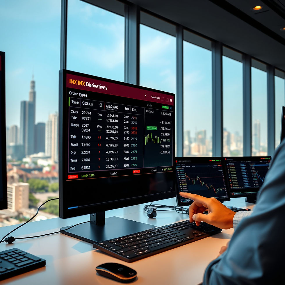 Trader executing a transaction on the India INX derivatives dashboard at a modern trading desk, with a city skyline in the background.