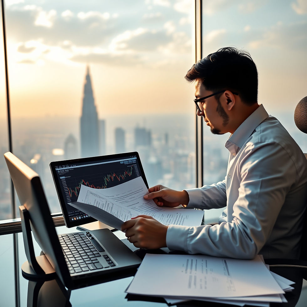 An international trader reviews derivatives contracts and compliance forms in a high-rise office overlooking GIFT City, with India INX charts on the screen capturing the financial markets' pulse.