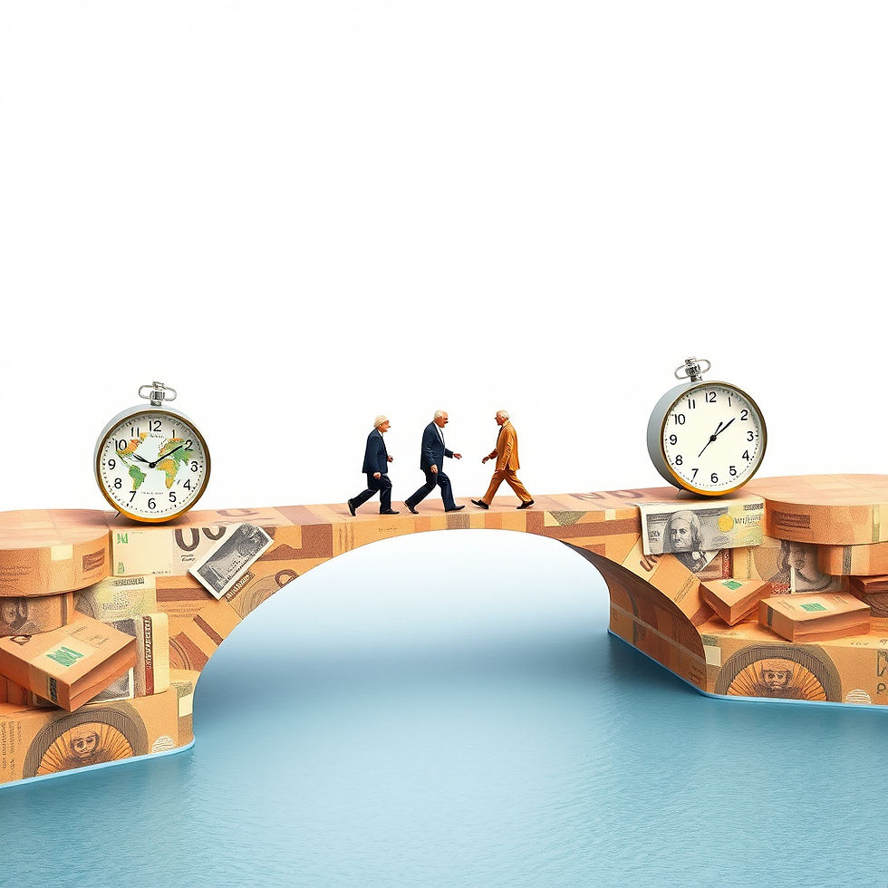 Three men in suits walk across a bridge made of currency over water. Two clocks flank the bridge. The scene is surreal and symbolic.