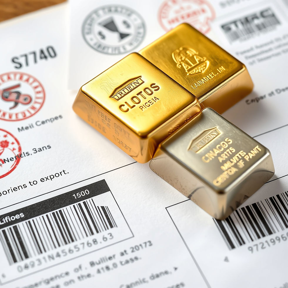 Gold and silver bars rest on an import-export document adorned with customs stamps and barcodes, highlighting shifts in bullion trade regulations.