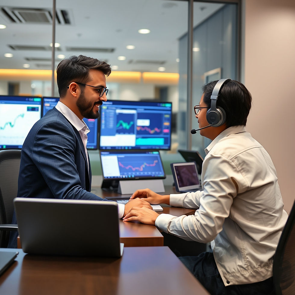 A trader consults with a support representative at a helpdesk in a modern finance office at GIFT City, surrounded by digital displays of charts and feedback dashboards. The setting subtly incorporates India INX and IFSCA design elements.