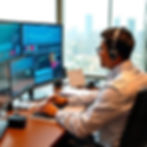 A compliance officer in a modern office at GIFT City focuses on multiple screens displaying trade surveillance data and abstract graphs.