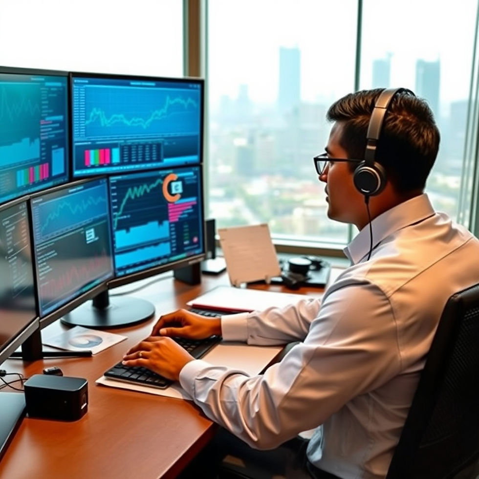 A compliance officer in a modern office at GIFT City focuses on multiple screens displaying trade surveillance data and abstract graphs.