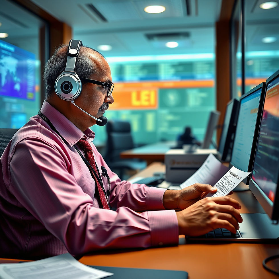 AD bank officer enters LEI details, ensuring FEMA/RBI compliance, while managing global money transfers in a high-tech banking environment