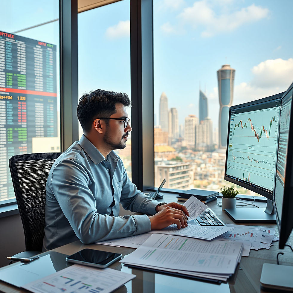 A focused trader analyzes derivatives markets using the India INX interface, with GIFT City's modern skyline providing a striking backdrop.