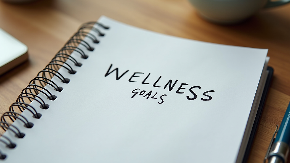 Close-up view of a notebook with wellness goals and a pen on a wooden desk