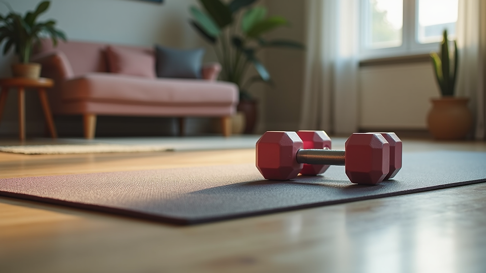 Close-up view of a yoga mat and dumbbells in a home workout space