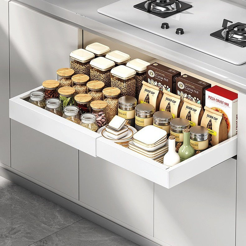 Thumbnail: Retractable Cabinet Storage Basket with Guide Rails