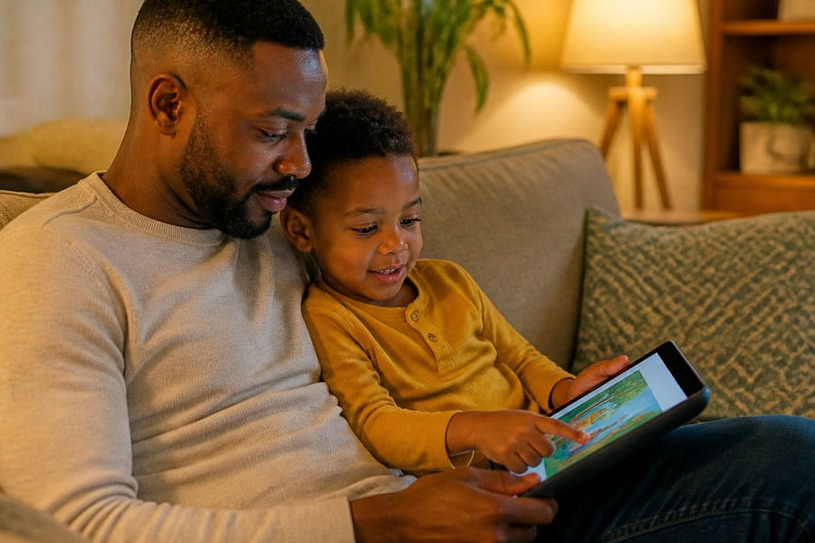 A parent and young child sitting together on a couch, looking at a tablet screen displaying a colorful picture book, warm living room lighting