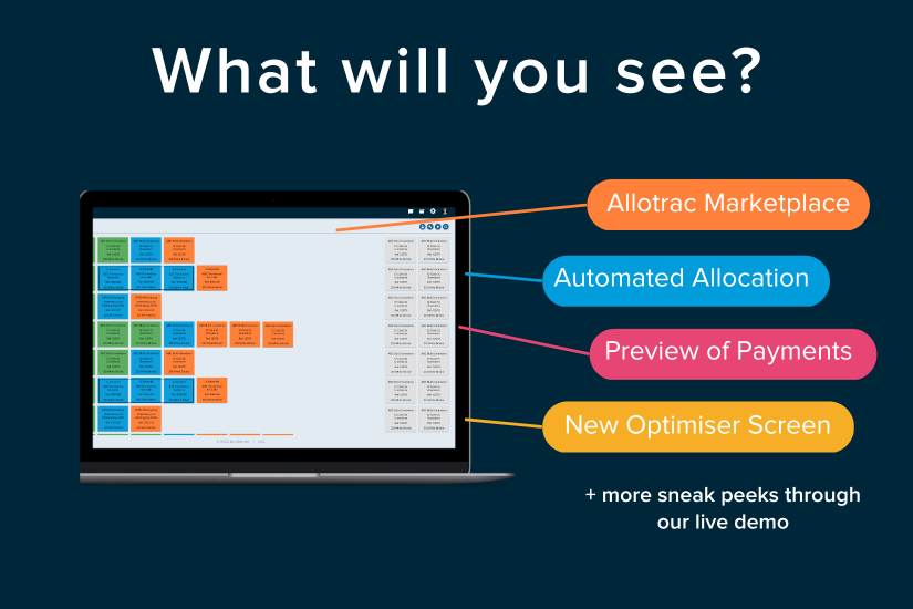 Allotrac screen describing what you will see at the Pre - launch event inclusing Allotrac Marketplace, Automated Allocation, a preview of payments, new optimiser screen and more sneak peaks through a live demo