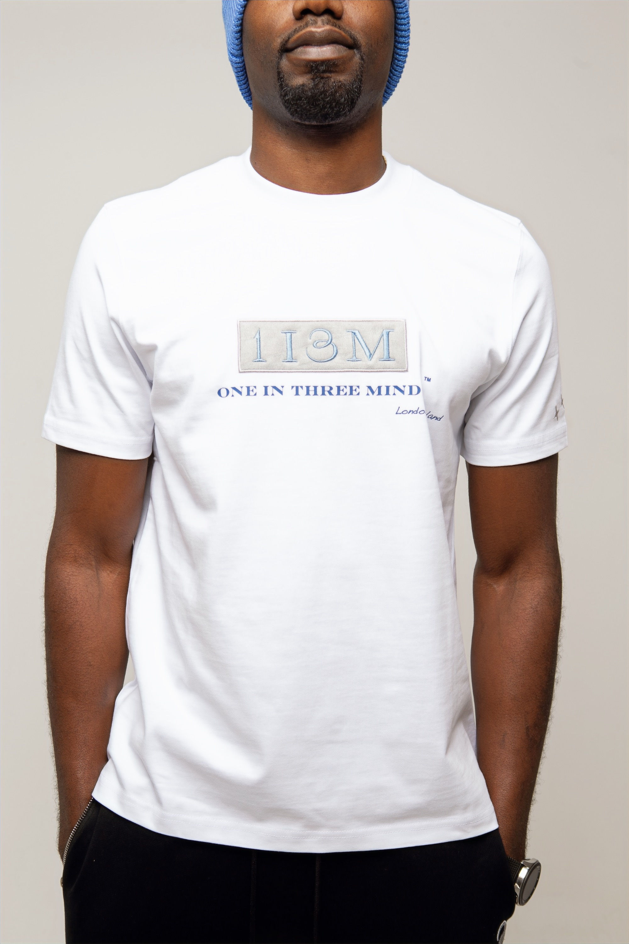 model wearing white patch t shirt