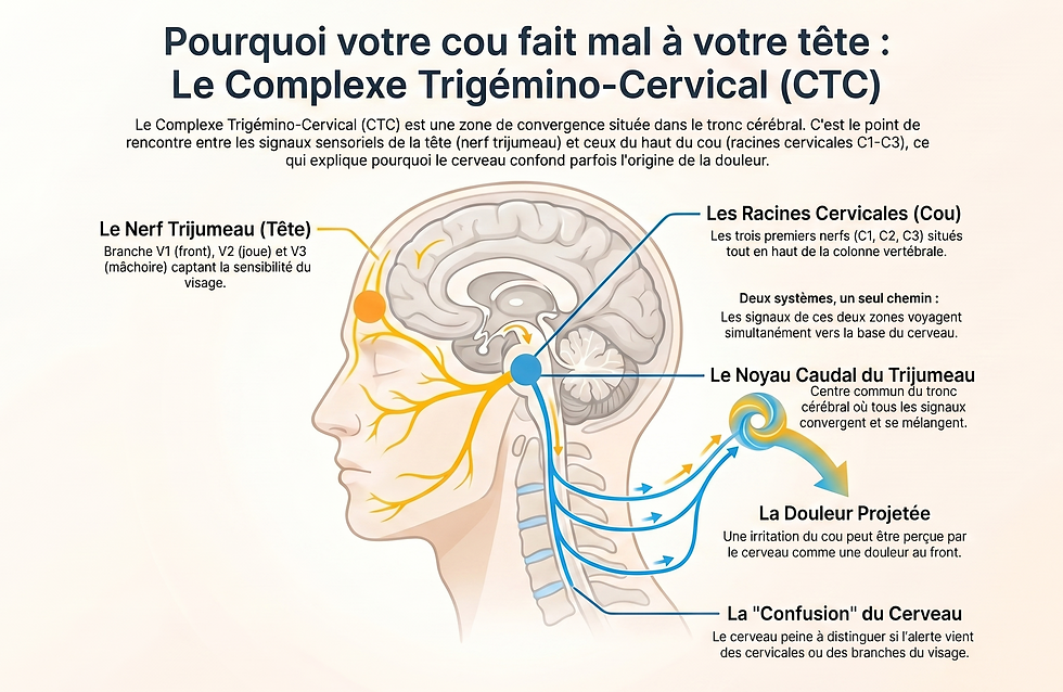 schéma du complexe trigéminno-cervical - lien entre migraine et douleur du cou - céphalées - Charlène Barré ostéopathe Paris 7