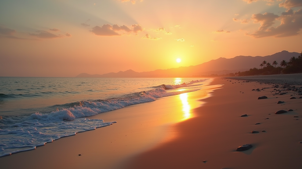 Wide angle view of a serene beach at sunset