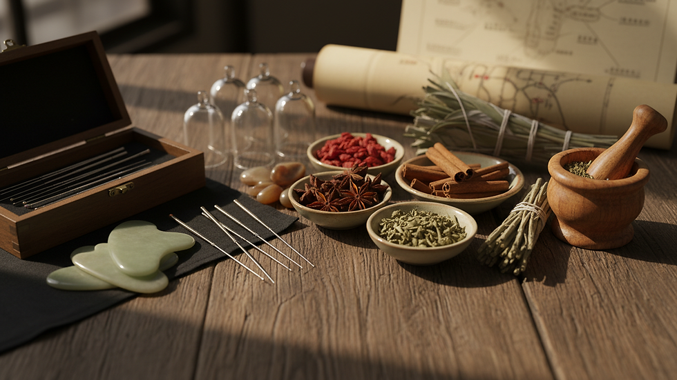 Close-up view of herbal remedies and acupuncture tools on a wooden table