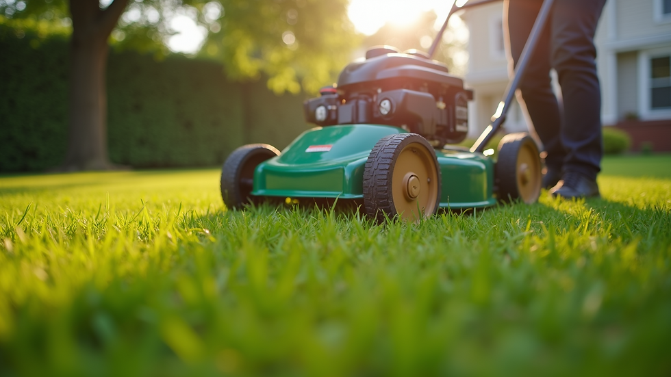 Eye-level view of a professional lawn mower cutting grass in a suburban backyard