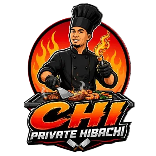 Private hibachi chef performing live teppanyaki cooking at a Chicago event, entertaining guests with fresh food preparation and an interactive dining experience.